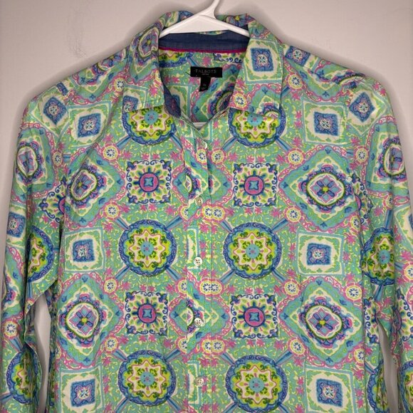 TALBOTS Petite Button Up Shirt SP Green Pink Blue Roll-Tab Sleeve Colorful - Picture 1 of 5